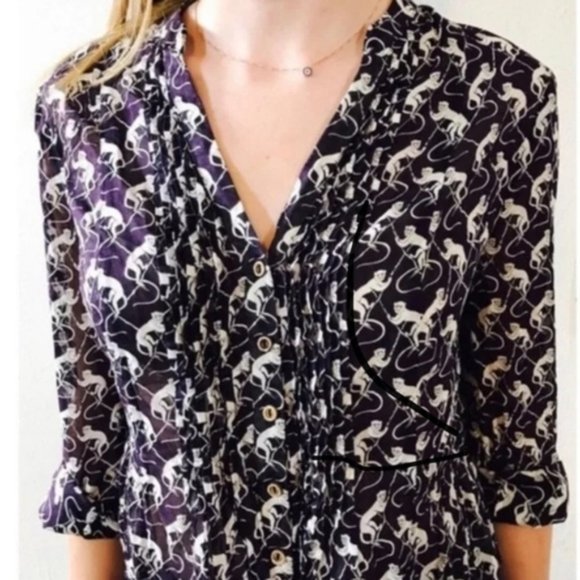 Anthropologie | Purple and White Blouse With Monkey Print Sz 8 - Picture 3 of 15